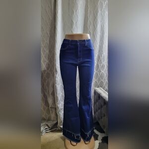 Dark Denim 2-Tier Raw Hem Bell Bottom Jeans